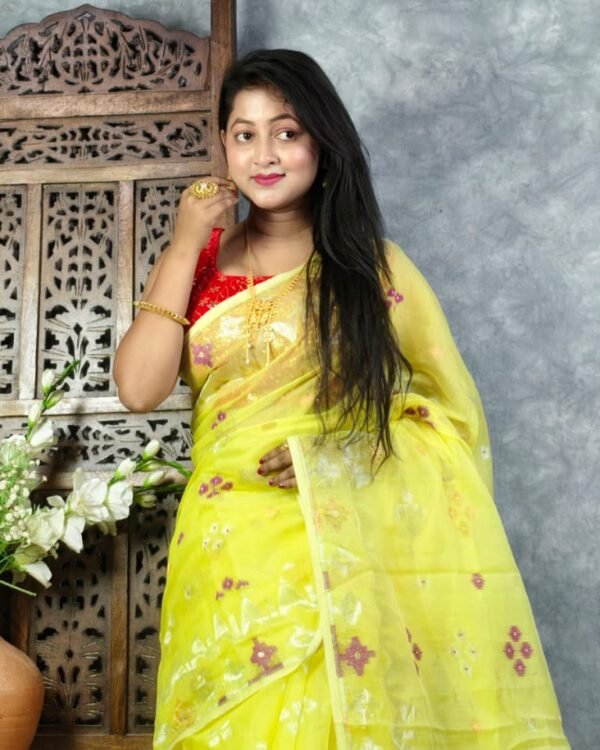 Bitter Lemon Soft Jori Buti Dhakai Jamdani Sari