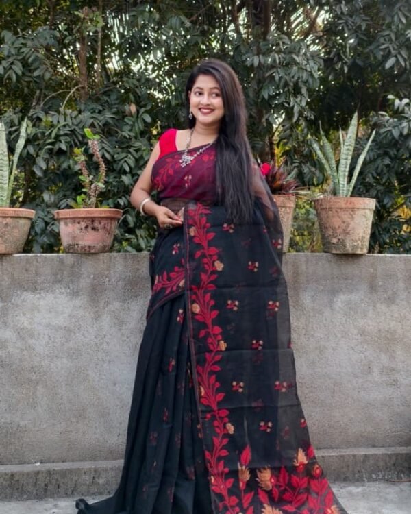 Black Soft Bonolota Jamdani Sari