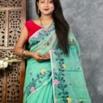 Bluish Green Soft Bonolota Jamdani Sari