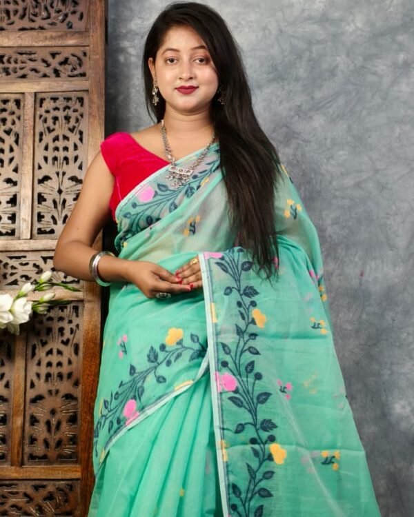 Bluish Green Soft Bonolota Jamdani Sari