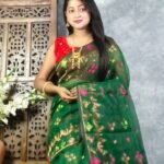 Bottle Green Soft Jori Buti Dhakai Jamdani Sari