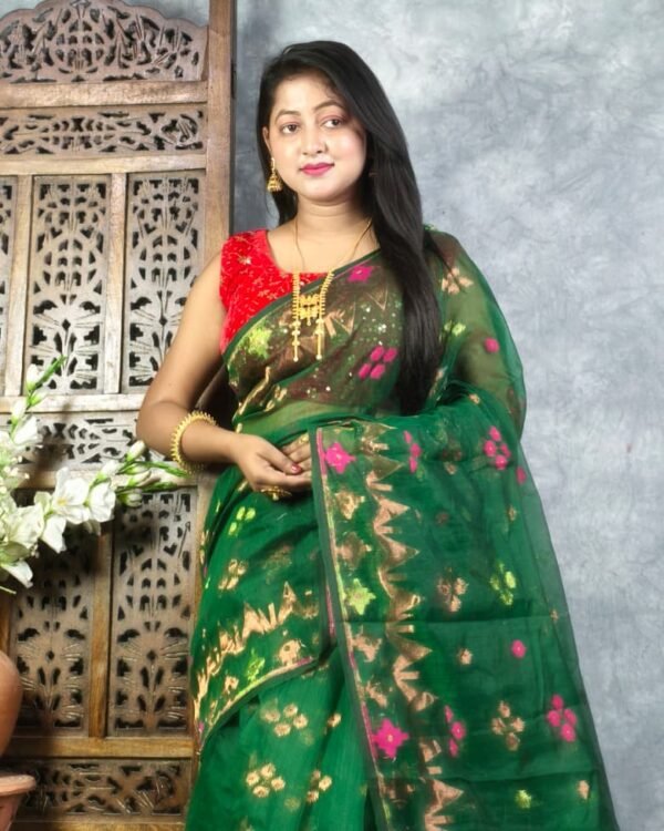 Bottle Green Soft Jori Buti Dhakai Jamdani Sari