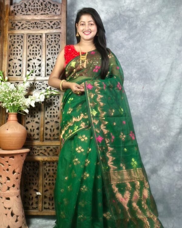 Bottle Green Soft Jori Buti Dhakai Jamdani Sari