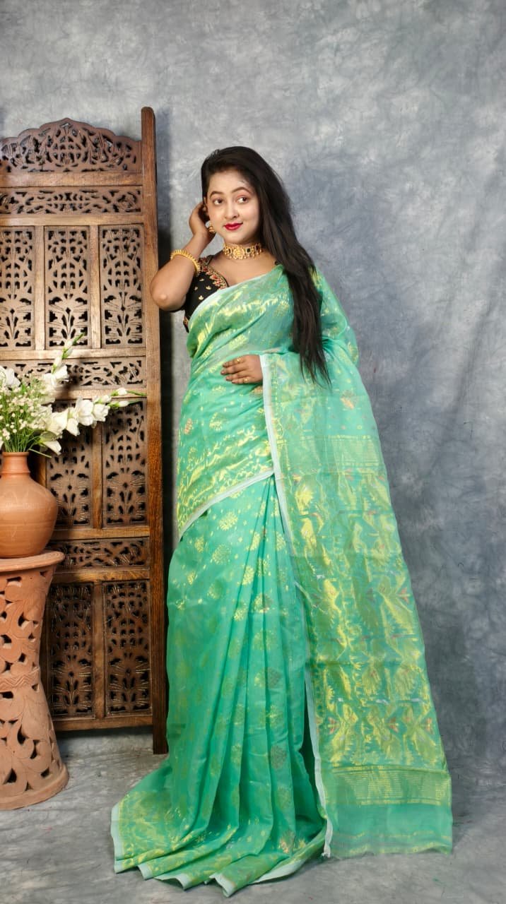Clover Green Soft Joriwork Jamdani Saree