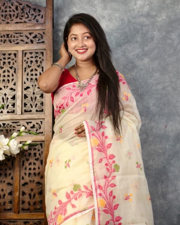 Cream Soft Bonolota Jamdani Sari