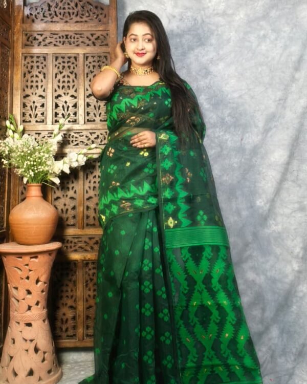 Dark Green Soft Buti Jamdani Sari With Blouse Piece