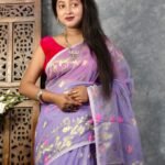 Dark Lavender Soft Buti Korat Jamdani Sari With Blouse Piece