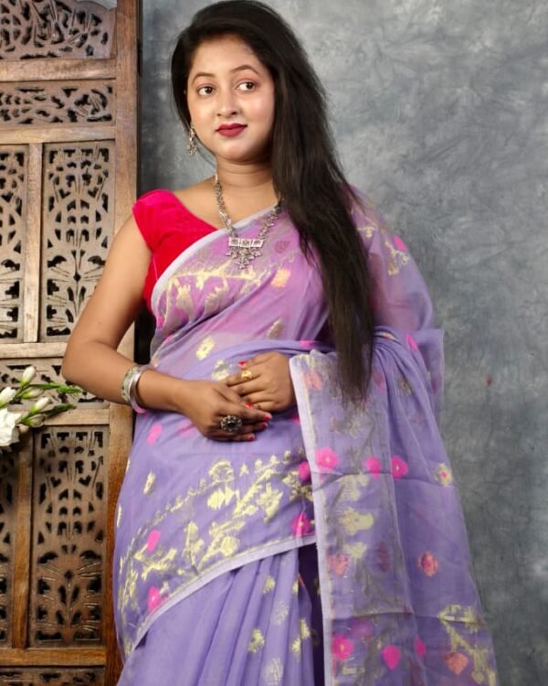 Dark Lavender Soft Buti Korat Jamdani Sari With Blouse Piece