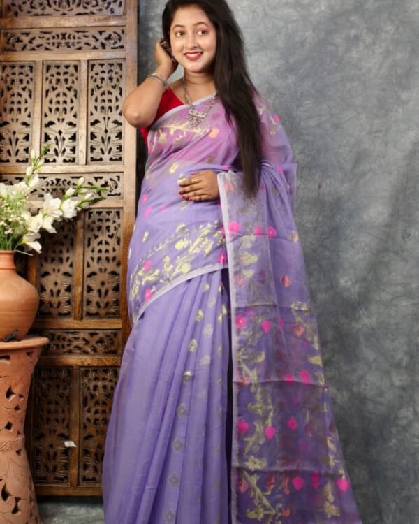Dark Lavender Soft Buti Korat Jamdani Sari With Blouse Piece