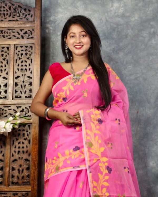 Dark Pink Soft Bonolota Jamdani Sari