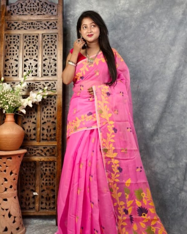 Dark Pink Soft Bonolota Jamdani Sari