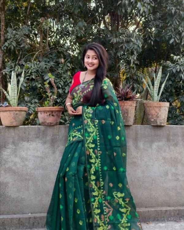 Dark Teal Soft Buti Korat Jamdani Sari With Blouse Piece