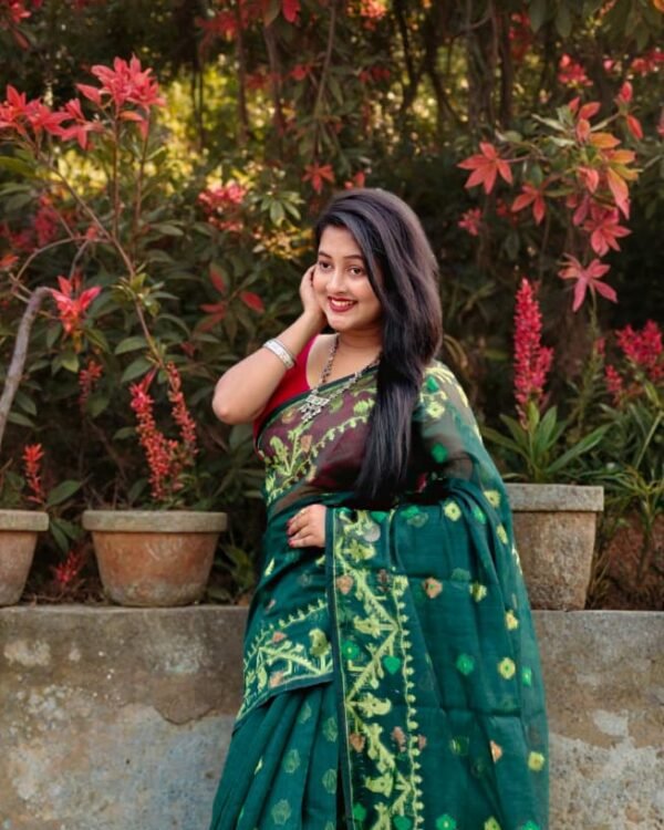 Dark Teal Soft Buti Korat Jamdani Sari With Blouse Piece