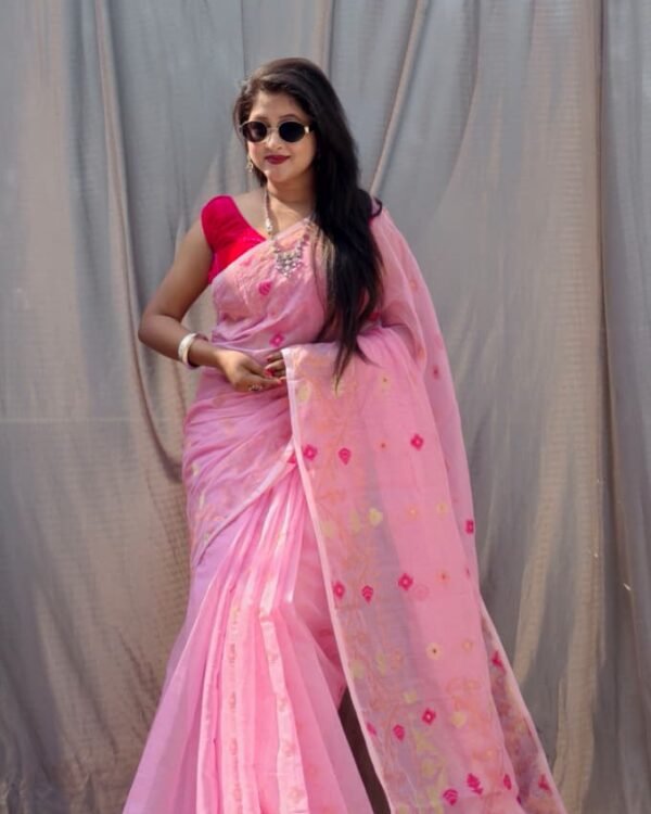 Dull Pink Soft Buti Korat Jamdani Sari With Blouse Piece