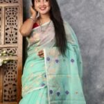 Dusty Teal Soft Buti Korat Jamdani Sari With Blouse Piece