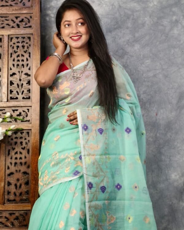 Dusty Teal Soft Buti Korat Jamdani Sari With Blouse Piece