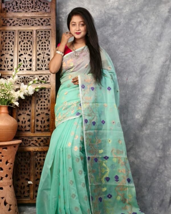 Dusty Teal Soft Buti Korat Jamdani Sari With Blouse Piece