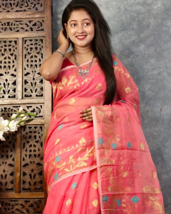 Faded Red Soft Buti Korat Jamdani Sari With Blouse Piece