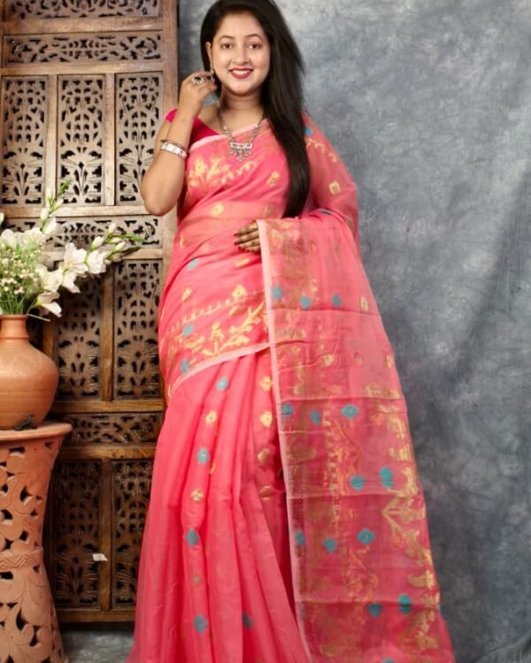 Faded Red Soft Buti Korat Jamdani Sari With Blouse Piece