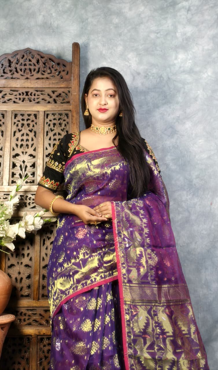 Grape Purple Soft Joriwork Jamdani Saree