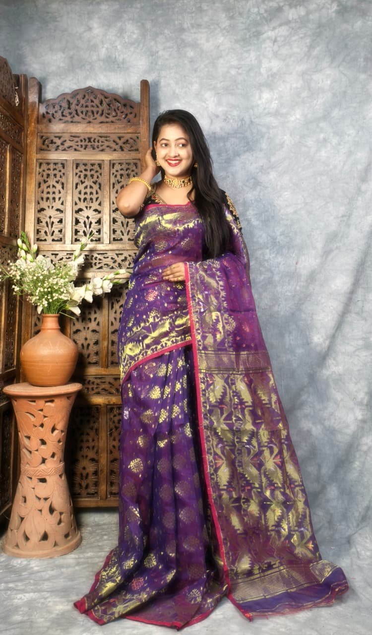 Grape Purple Soft Joriwork Jamdani Saree