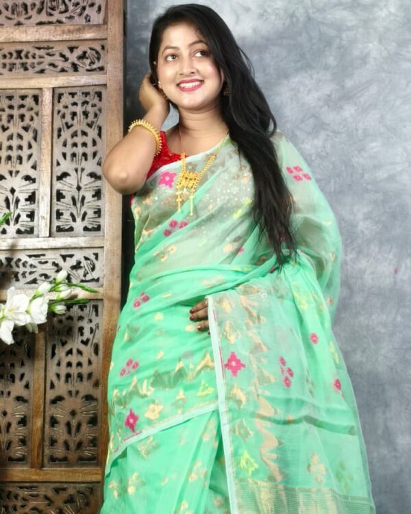 Green Teal Soft Jori Buti Dhakai Jamdani Sari