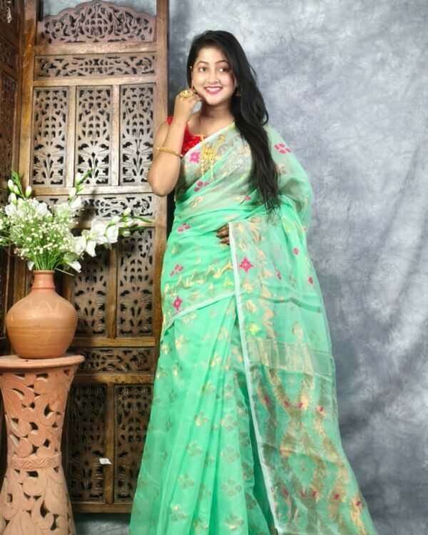 Green Teal Soft Jori Buti Dhakai Jamdani Sari