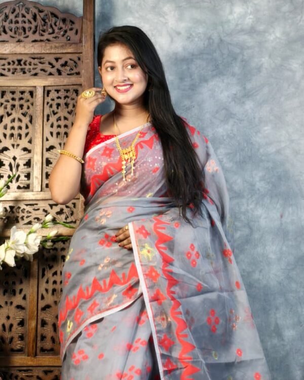 Grey Soft Korat Buti Jamdani Saree