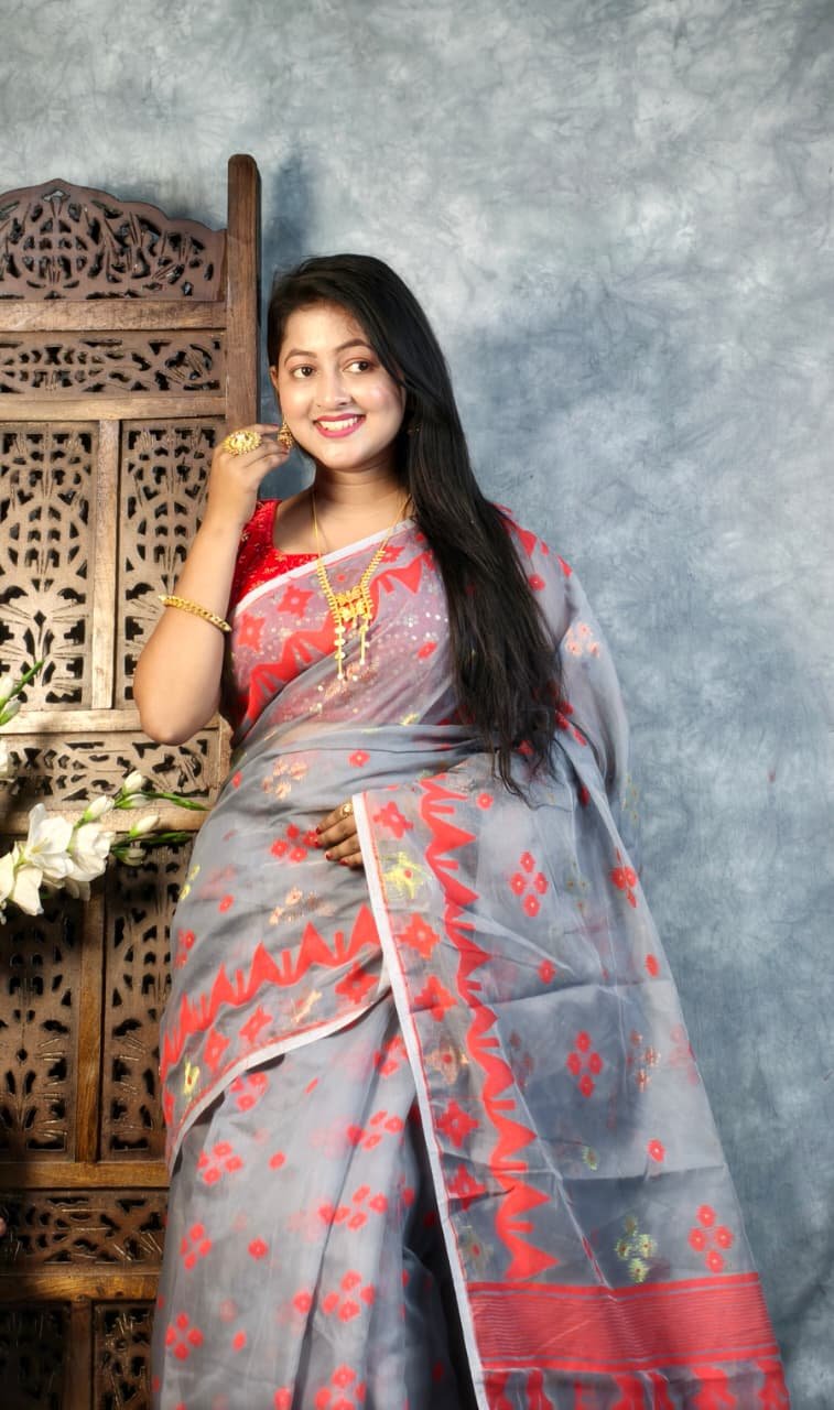 Grey Soft Korat Buti Jamdani Saree