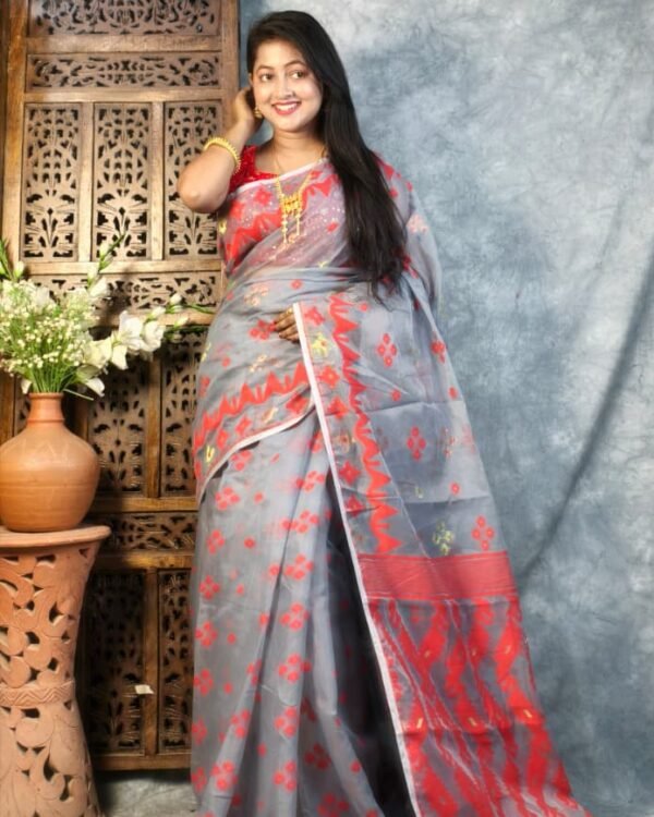 Grey Soft Korat Buti Jamdani Saree