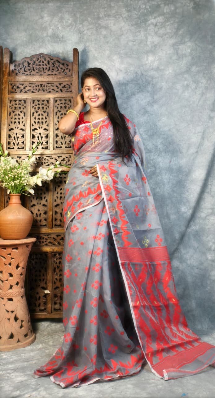 Grey Soft Korat Buti Jamdani Saree