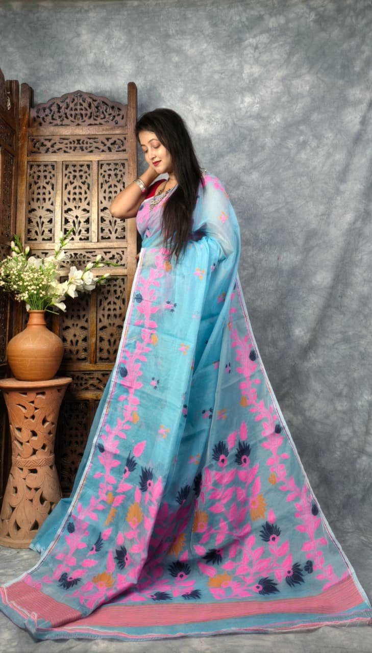 Hippie Blue Soft Bonolota Jamdani Sari