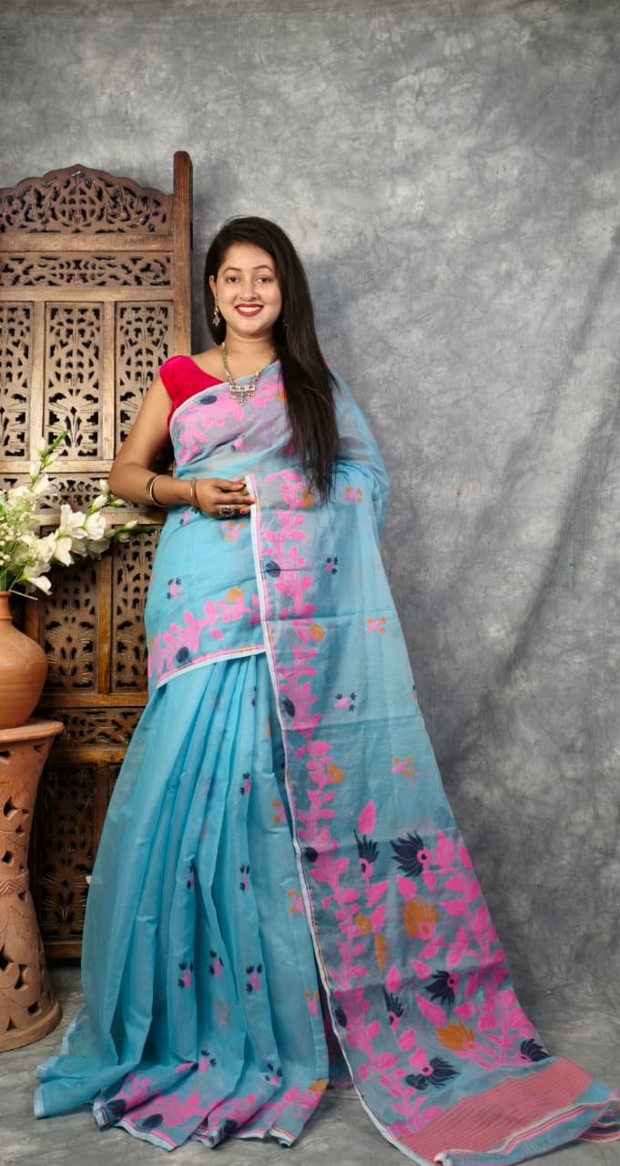 Hippie Blue Soft Bonolota Jamdani Sari