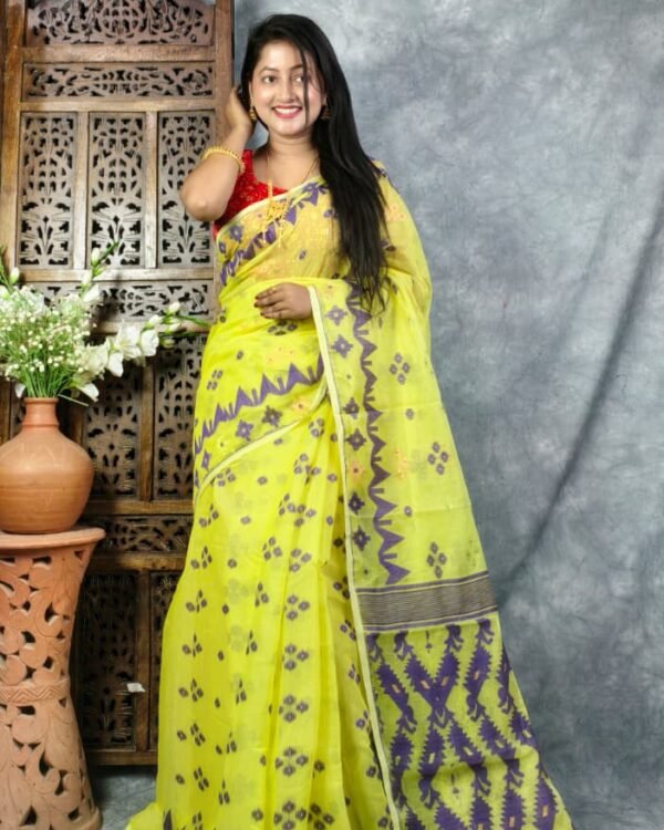 Lemon Yellow Soft Korat Buti Jamdani Saree