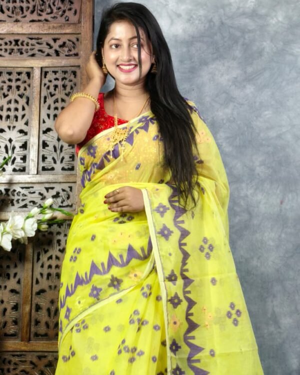 Lemon Yellow Soft Korat Buti Jamdani Saree