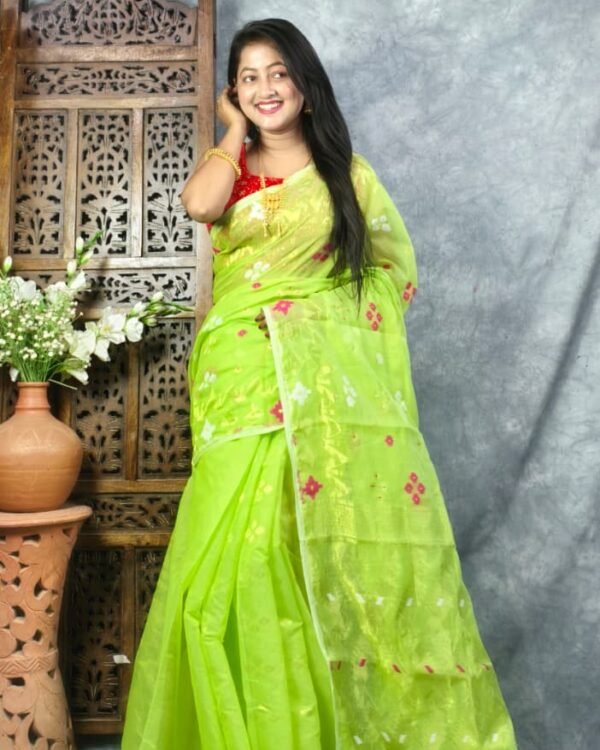 Light Pea Green Soft Jori Buti Dhakai Jamdani Sari