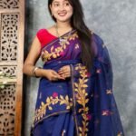 Navy Blue Soft Bonolota Jamdani Sari