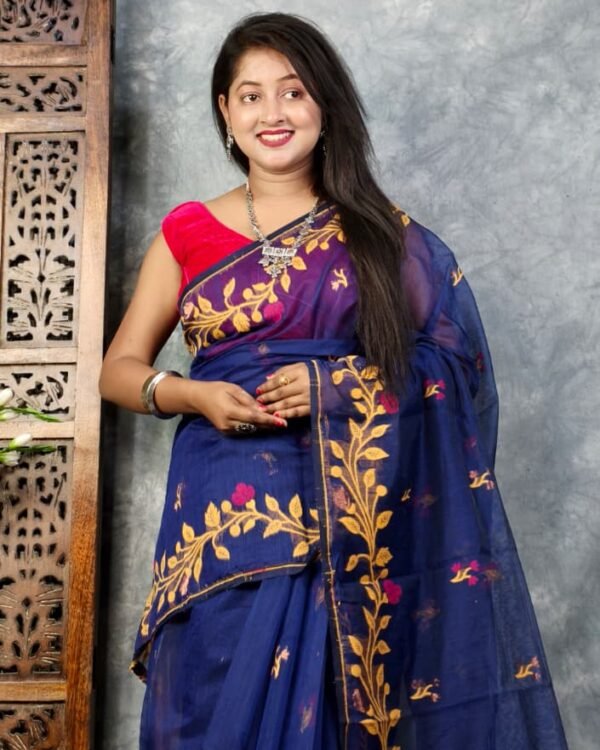 Navy Blue Soft Bonolota Jamdani Sari