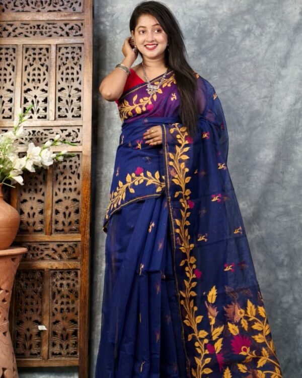 Navy Blue Soft Bonolota Jamdani Sari