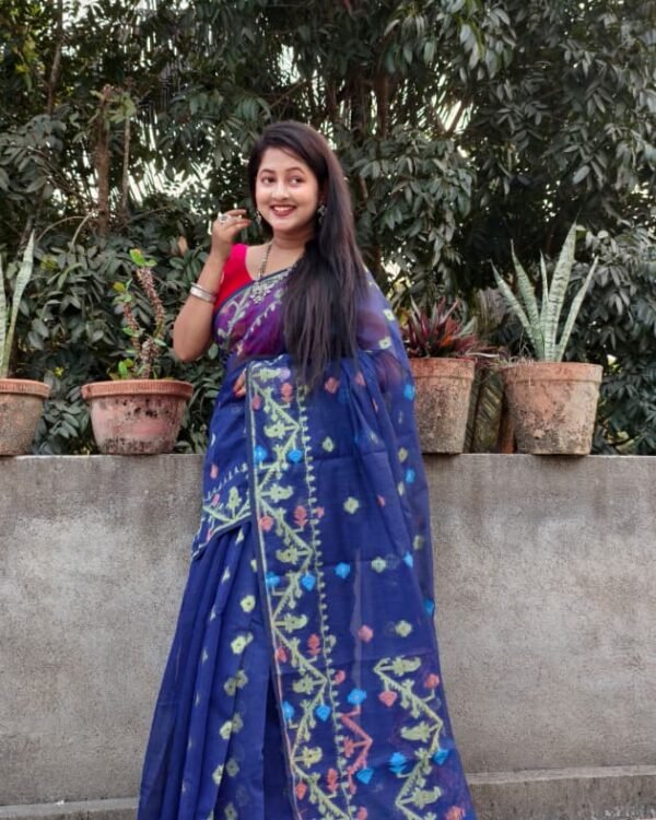 Navy Blue Soft Buti Korat Jamdani Sari With Blouse Piece