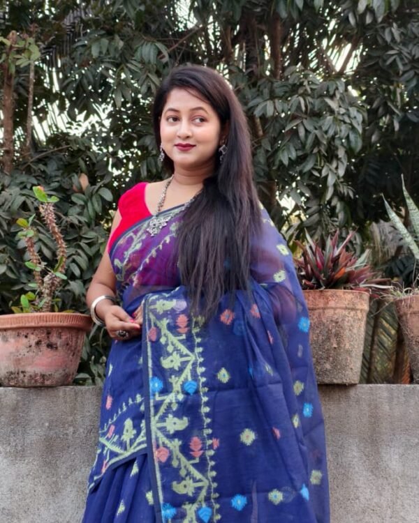 Navy Blue Soft Buti Korat Jamdani Sari With Blouse Piece