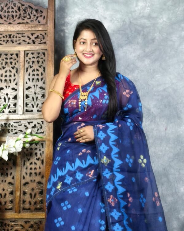 Navy Blue Soft Korat Buti Jamdani Saree