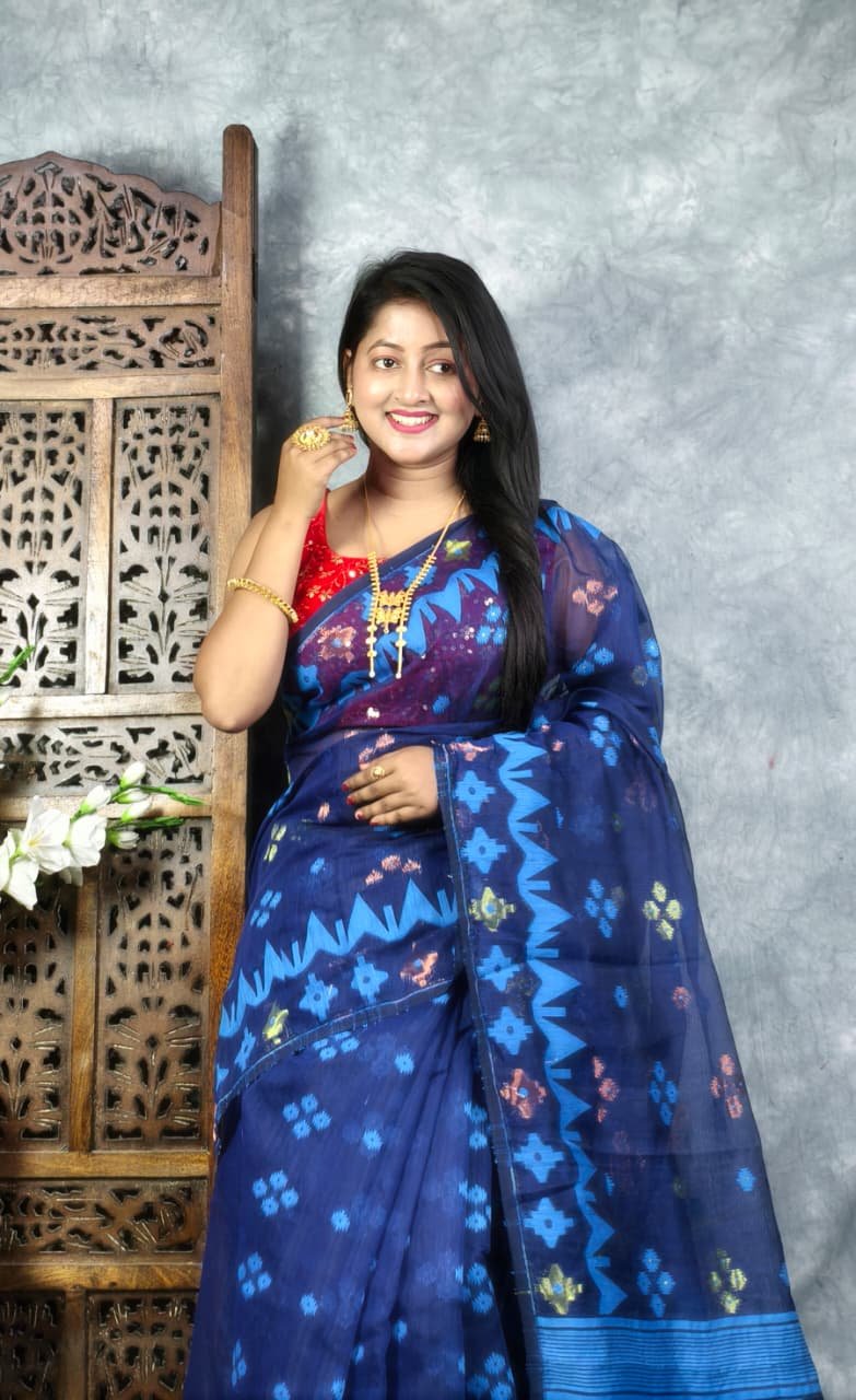 Navy Blue Soft Korat Buti Jamdani Saree