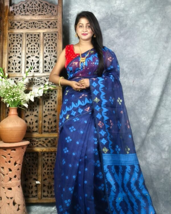 Navy Blue Soft Korat Buti Jamdani Saree