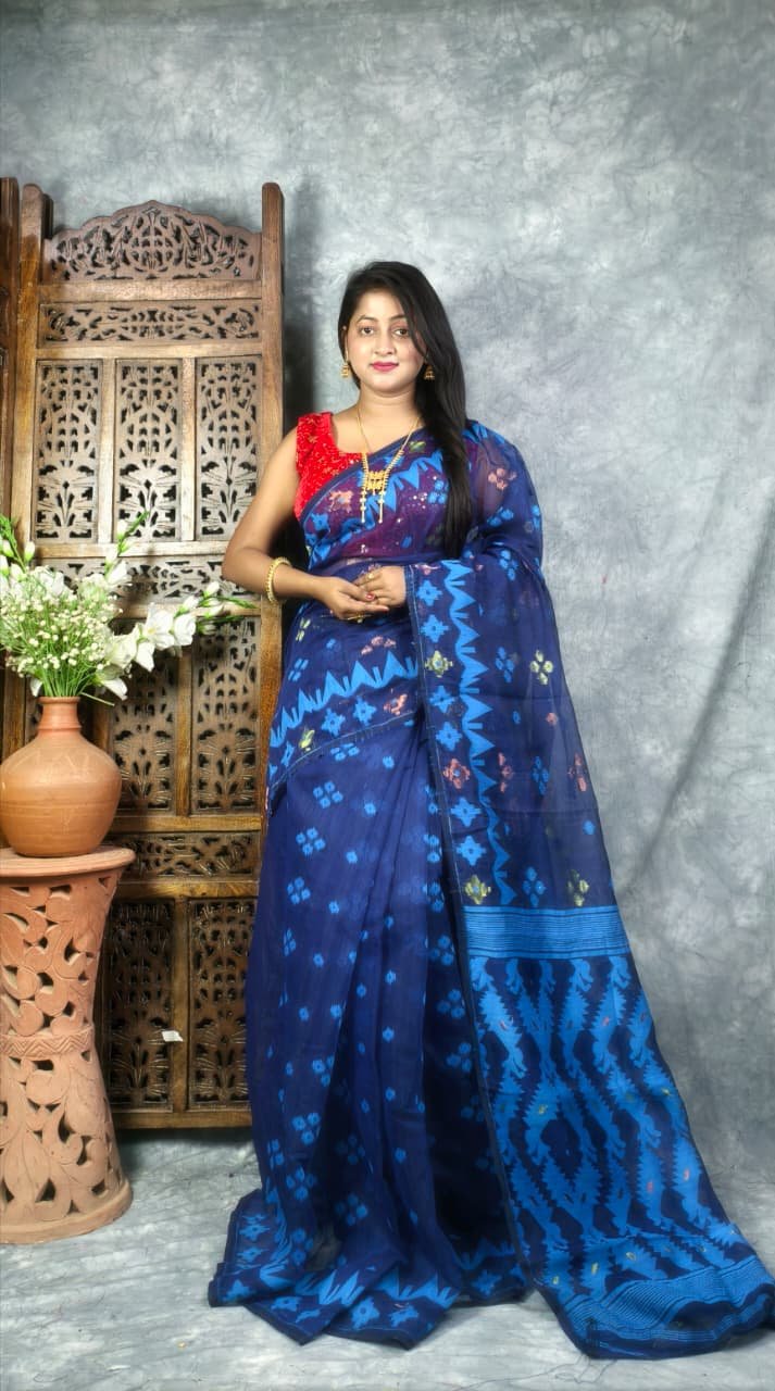 Navy Blue Soft Korat Buti Jamdani Saree