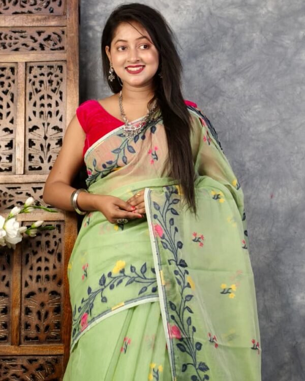 Olivine Soft Bonolota Jamdani Sari