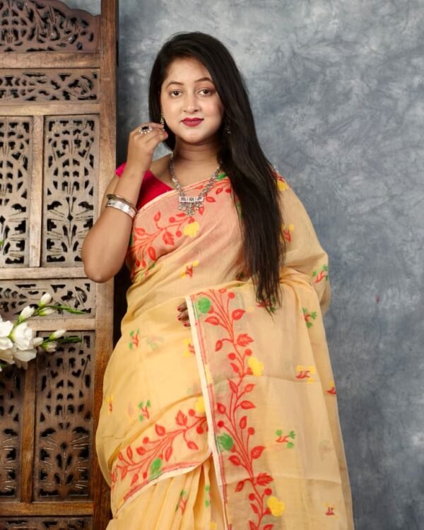 Pastel Orange Soft Bonolota Jamdani Sari