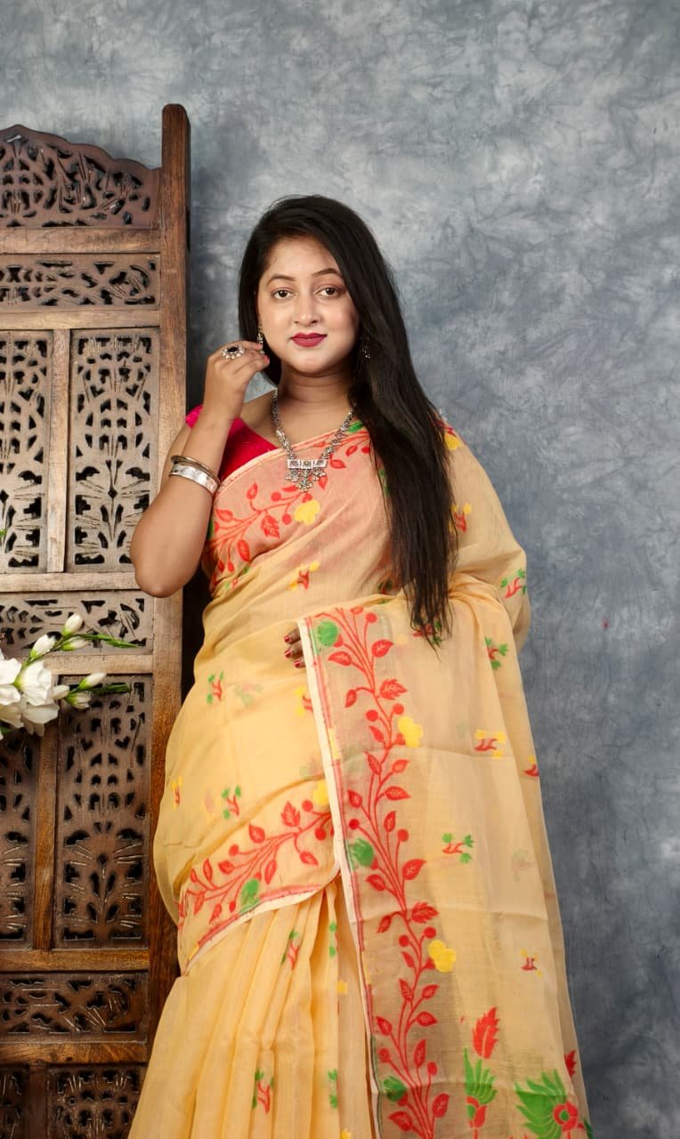 Pastel Orange Soft Bonolota Jamdani Sari