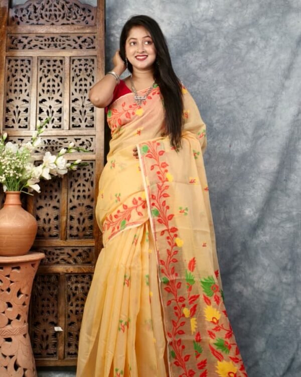 Pastel Orange Soft Bonolota Jamdani Sari