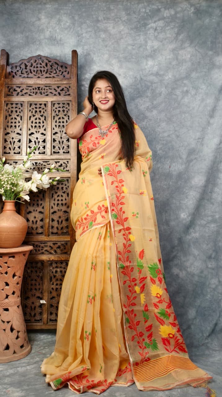 Pastel Orange Soft Bonolota Jamdani Sari